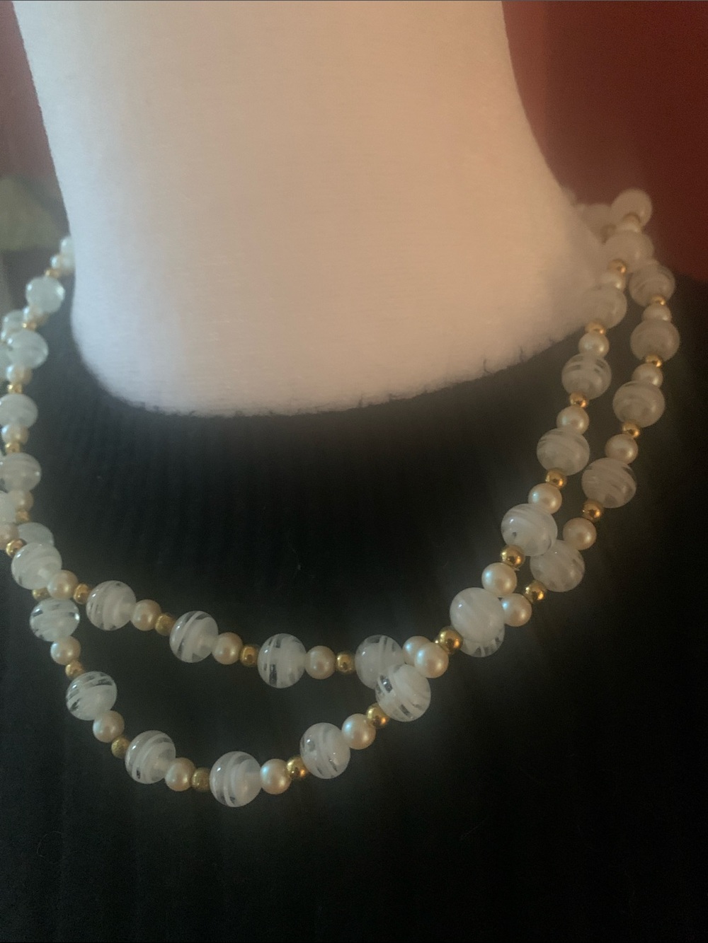 Vintage Monet Glass Pearl and Gold Bead Layered Necklace - White & Gold